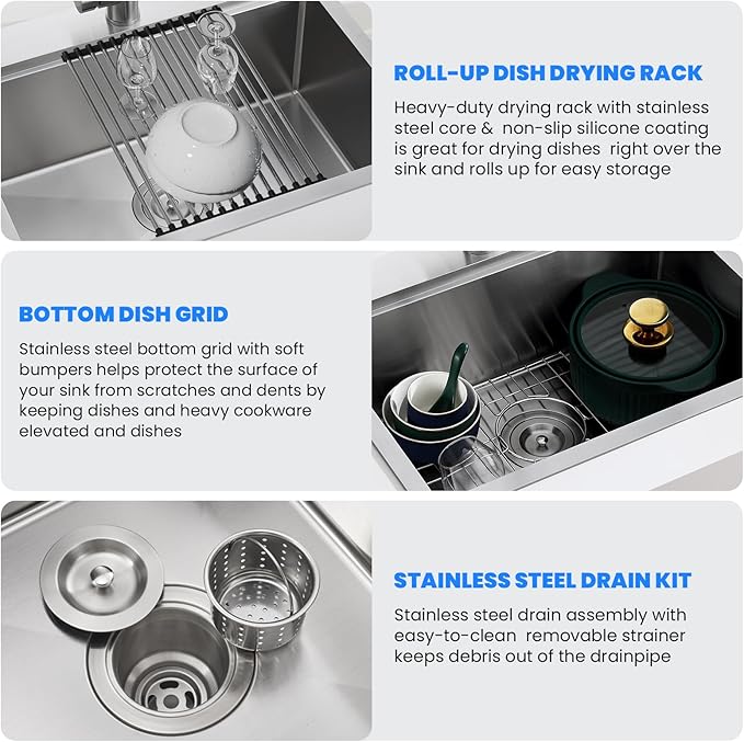 POPFLY 23×18 Inch Drop in Workstation Kitchen Sink, Handmade 18-Gauge 304 Stainless Steel Sinks Topmount 9-Inch Deep Single Bowl Modern Overmount Small Kitchen Sink with Cutting Board
