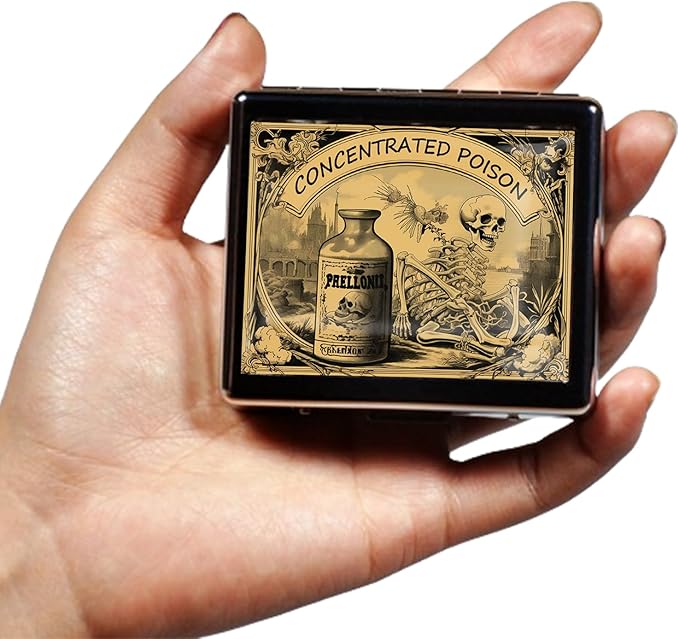 Silver Vintage Pill Box 7 Day Metal Pill Box with Mirror and 8 Compartments Cute Travel Pill Organizer for Purse (Halloween Label)