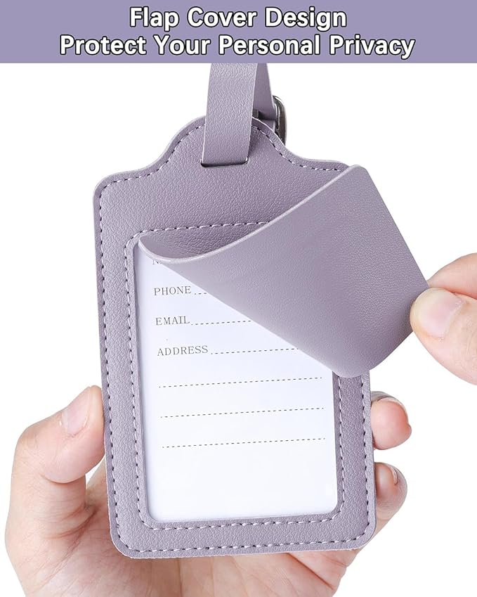 Teskyer Luggage Tags for Suitcases, TSA Approved with Privacy Protection Cover, Premium Faux Leather Bag Tags for Travel - 4 Pack, Purple