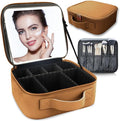 Makeup Bag with Led Mirror,Travel Makeup Organizer with 3 Color Setting, Portable Storage and Adjustable Dividers Travel Makeup Bag(brown)