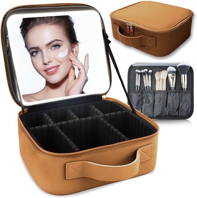Makeup Bag with Led Mirror,Travel Makeup Organizer with 3 Color Setting, Portable Storage and Adjustable Dividers Travel Makeup Bag(brown)