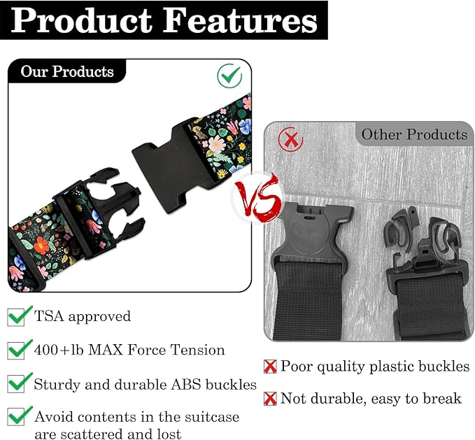 Wildflower Luggage Straps for Suitcases TSA Approved, Luggage Identifiers for Suitcase, Adjustable Suitcase Strap for Baggage Security with Cute Patten, Travel Necessary Accessories