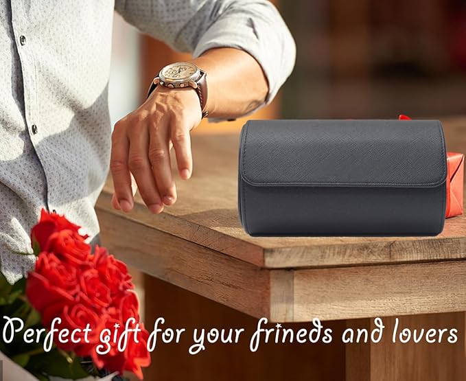 Watch Travel Case, Luxury Leather Watch Roll 2 Slot Organizer Box, Jewelry Storage Case Gifts for Man and Woman Christmas Anniversary Birthday (Black-2slot)