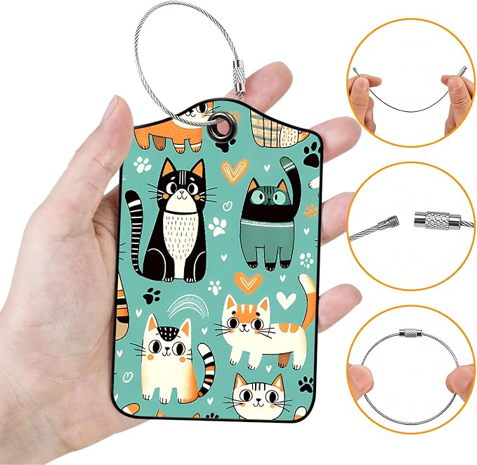Luggage Tags for Suitcases, 2-Pack PU Leather for Cruise & Travel, Baggage ID Tags with Privacy Cover & Address Card, Durable Metal Ring, Kids Adults Travel Accessories, Cute Cat Print