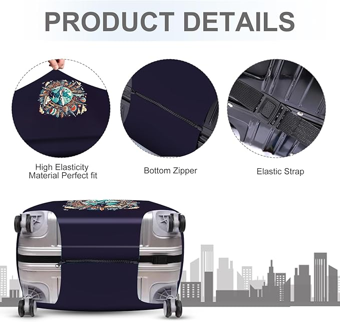 ANNA QUEEN World Landmarks Luggage Cover, Dark Travel-Themed Suitcase Protector with Airplane & Globe Design, Stretchable, Washable Luggage Sleeve for 32-34 Inch Suitcases