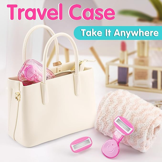 DreamGenius Travel Razors for Women Include 1 Handle and 5 Cartridges, Extra Smooth 5-Blade Travel Essentials Razor with Case for Shaving, Pink