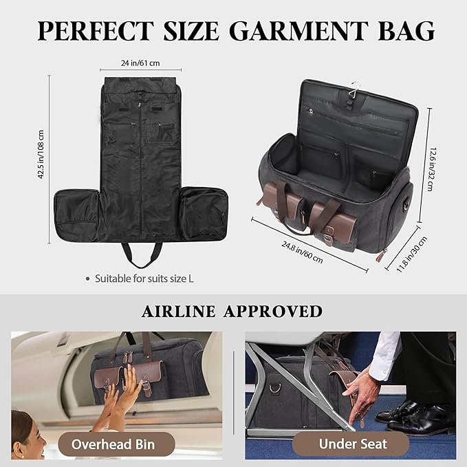 Canvas Garment Bags for Travel, Convertible Carry On Garment Duffel Bag for Men Women, 2 in 1 Suit Bag Hanging Suitcase Business Travel Bag with Shoe Compartment (Grey, XL)