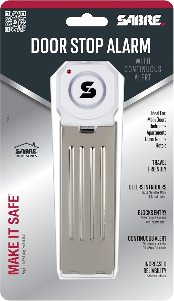 SABRE 120 dB Wedge Door Stop Security Alarm, Extremely Loud Wireless Siren Audible Up to 1,500 Ft., Non-Skid Pad, Compact Alarm Great for Home, Travel, Apartment or Dorm