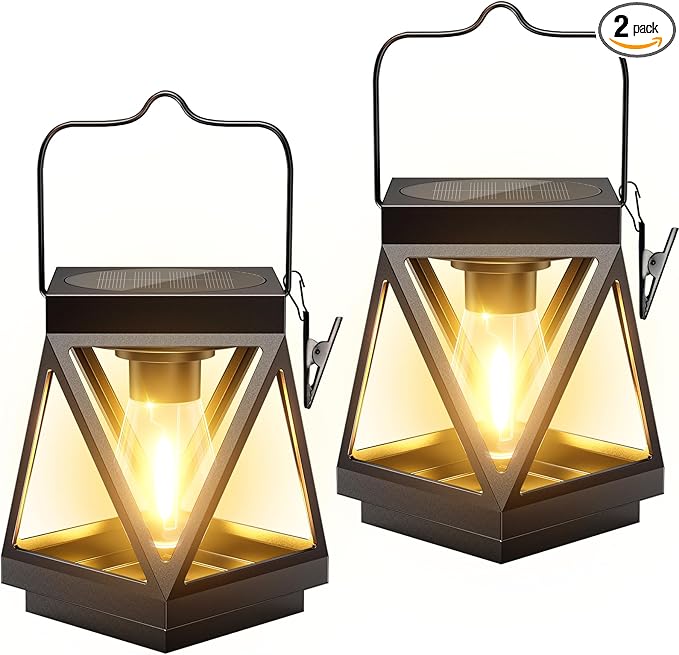 KOOPER 2 Pack Solar Lanterns Outdoor Waterproof, Upgraded Black Metal Hanging Solar Lights Outdoor Lanterns Decorative for Yard Patio Table Pathway Garden Decor