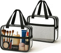 XEWEA 2PCS Middle TSA Approved Clear Travel Toiletry Bags for Men Women, Transparent Makeup Cosmetic Bag with Handle Zipper, Waterproof PVC Quart Organizer Pouch for Airport Airline Essential, Balck