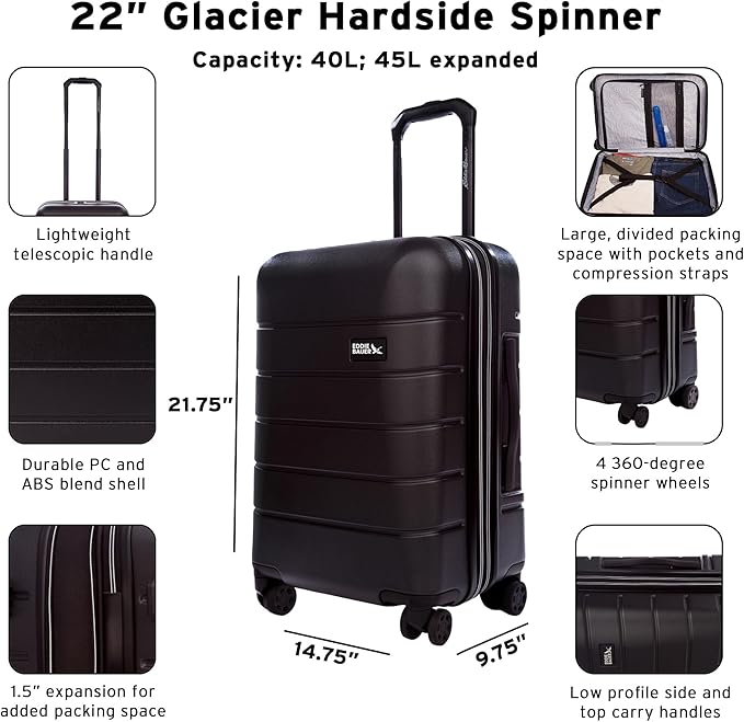 Eddie Bauer Glacier Carry-On 22" and Checked 30" Luggage | Hardside | Spinner Wheels | Expandable | Lightweight | Travel Essentials - Carbon Grey