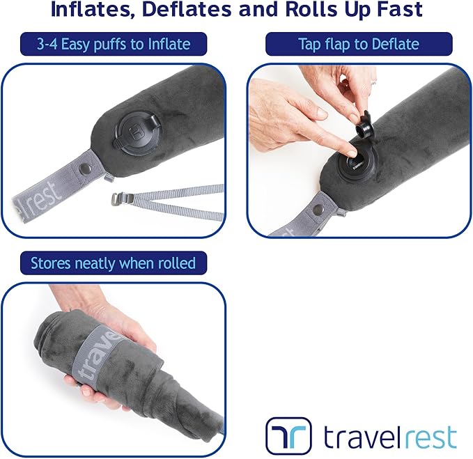 TRAVELREST All-in-One Neck & Body Pillow, Advanced Support Design, Travel Essential, Memory Foam Inserts, Inflatable, Airplane & Car Seat, Sleeping on Long Flight & Trips, Grey (Washable Velour Cover)