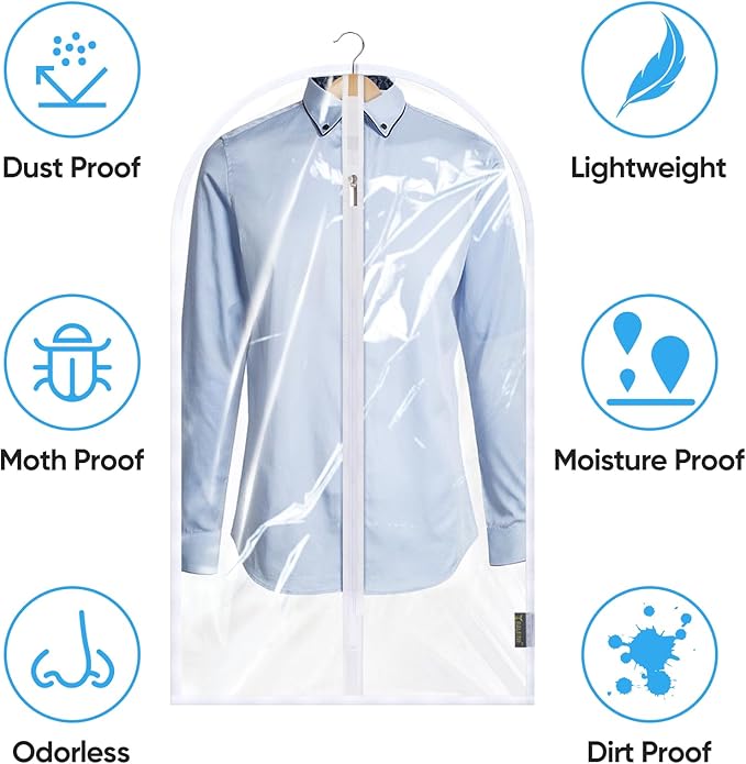 BALEINE 60'' Clear Garment Bags, 12 Packs PEVA Dress Bag for Closet Clothes Dresses Suit Coats Storage (Clear, 12PK)