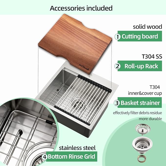 Kitchen Sink, 21 x 20 x 10 Drop in Kitchen Sink 16 Gauge Stainless Steel Kitchen Sinks Single Bowl Workstation Sink with Cutting Board