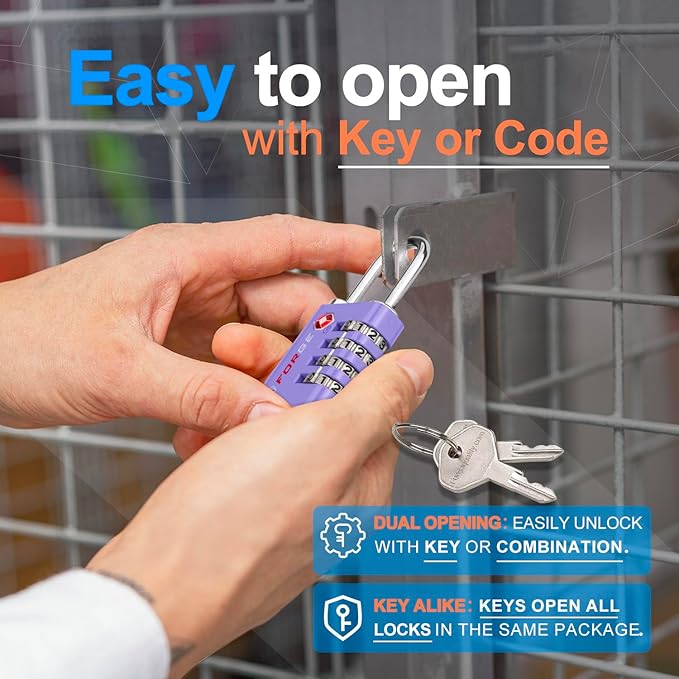 Forge Dual-Opening: Key or Combination Access Lock, TSA Approved Locks for Luggage, Pelican case, Travel, Gym, School, Stainless Steel Shackle. (Purple, 2 Pk)