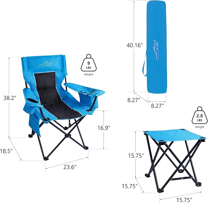 FAIR WIND Oversized Padded Camping Chair with Footrest Stool Heavy Duty Cooler Bag Chair for Fishing, Tailgating, Sports Games, Backyard - Support 300 LBS Blue