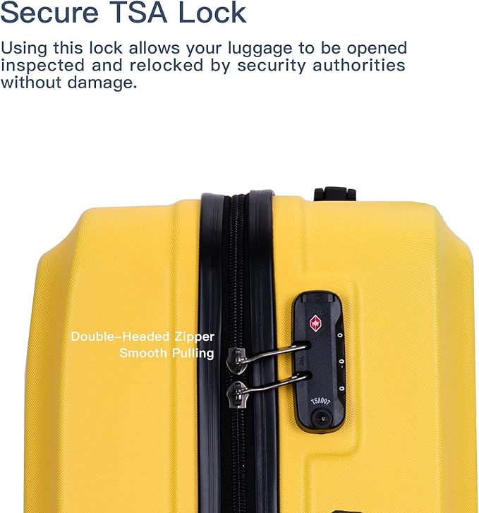 Campfun 3 Piece Luggage Sets, Hardshell ABS Luggage with TSA Lock, Carry On Suitcase Sets Lightweight Durable with 2 Hooks & Spinner Wheels, 20in/24in/28in - Yellow(C)