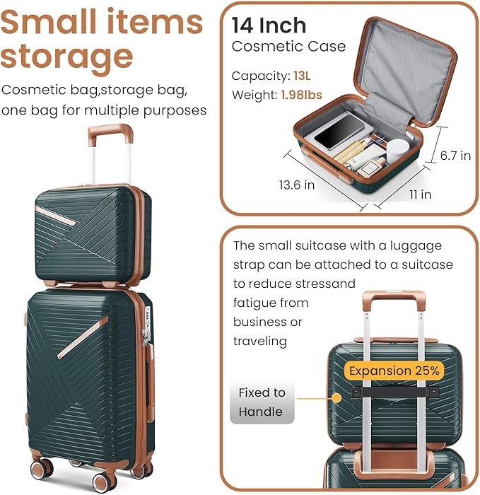 Campfun Luggage Sets 4 Piece, Expandable Carry On Luggage Set Hardshell PP, Suitcase Set with Double Spinner Wheels, Checked Durable Lightweight with TSA Lock, 14/20/24/28in, Dark Green Brown(B)