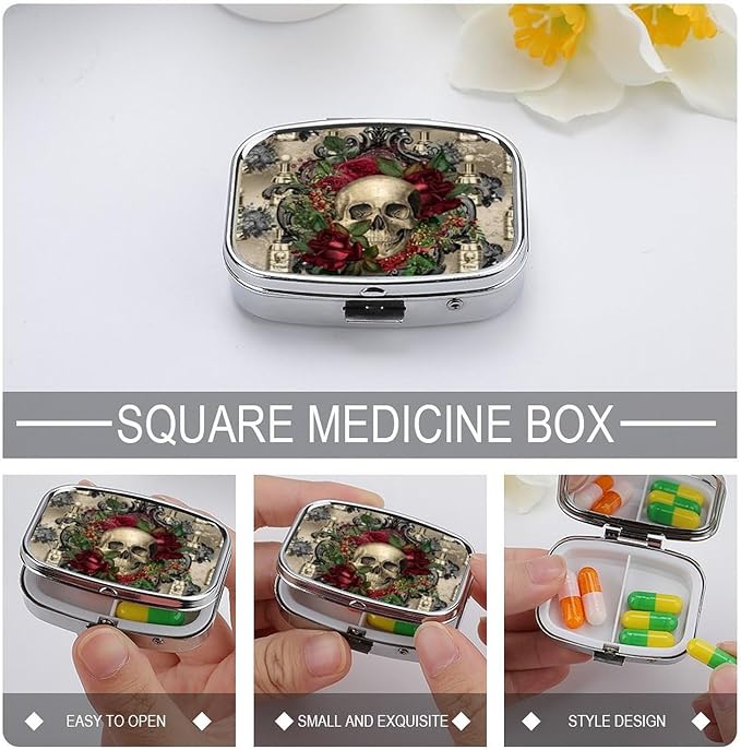 Metal 2 Compartment Pill Organizer Travel Friendly Portable Compact Pill Box Cute Pill Case to Hold Vitamins,Fish Oil,Supplements,Meds,Tablet for Purse,Pocket. (Skull)