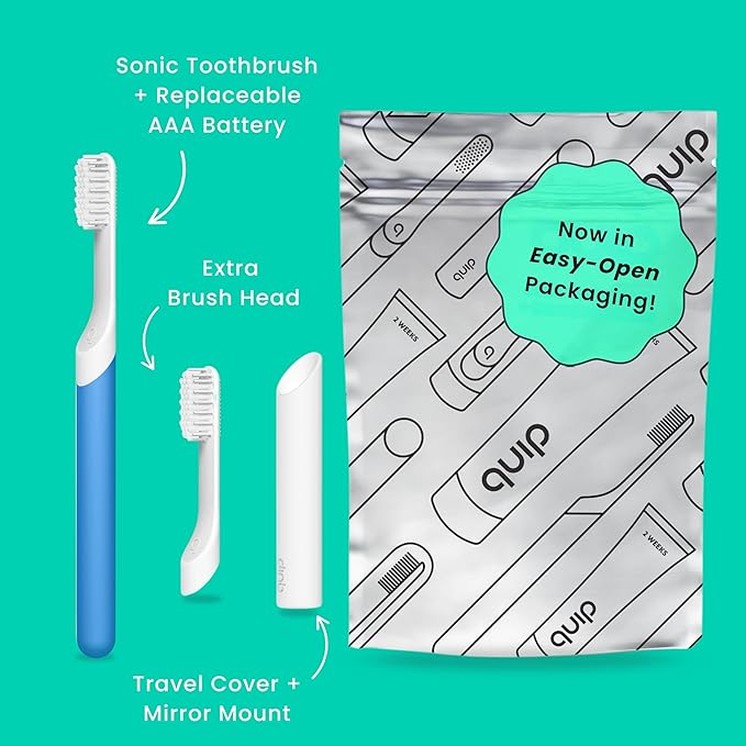 Quip Sonic Toothbrush for Adults with Timer - Includes Extra Brush Head and Travel Cover Mount - Electric, Soft Bristle Refill Head, Plastic Handle, 3 Month Battery Life - Travel Toothbrush - Blue