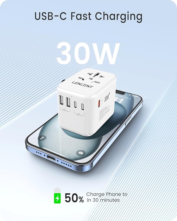 LENCENT Universal Travel Adapter, GaN III 30W International Charger with 2 USB&3 Type-C PD Fast Charging Ports, Worldwide Plug Adaptor for iPhone, Laptops, Type A/C/G/I (USA/UK/EU/AUS), White