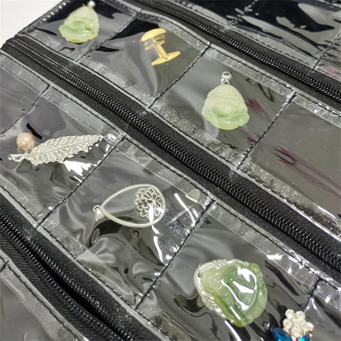 Travel Jewelry Roll Bag Portable Organizer Pouch With Grids&PVC Cover Storage Bags for Necklace, Bracelet, Bracelet,Ring, Badge, Pendant