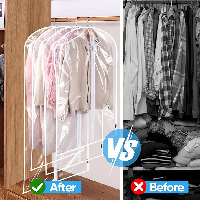 BALEINE 48'' Clear Garment Bags, 6 Packs PEVA Dress Bag for Closet Clothes Dresses Suit Coats Storage (Clear, 6PK)