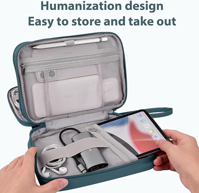 DDgro Electronics Travel Organizer Case for Cables/Cords/Chargers/Tech Essentials, Double Layers (Aqua Blue, PU-Large)
