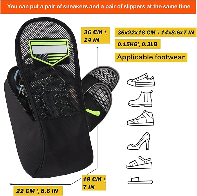 Shoe Bag Golf Travel Soccer Gym Sport with Side Accessory Outside Pocket for Socks Shoe Pouch Portable Large Shoe Storage Bag for Packing Zippered (all black)