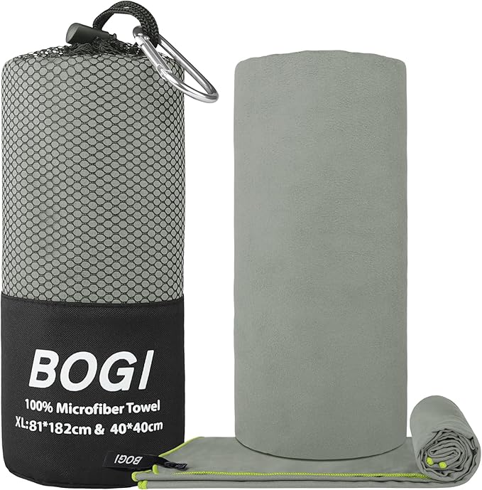 BOGI Microfiber Travel Sports Towel-Quick Dry, Soft Lightweight, Absorbent, Compact for Camping, Gym, Yoga, Swimming, Backpacking (XL:72''x32''+16''x16''-Grey)