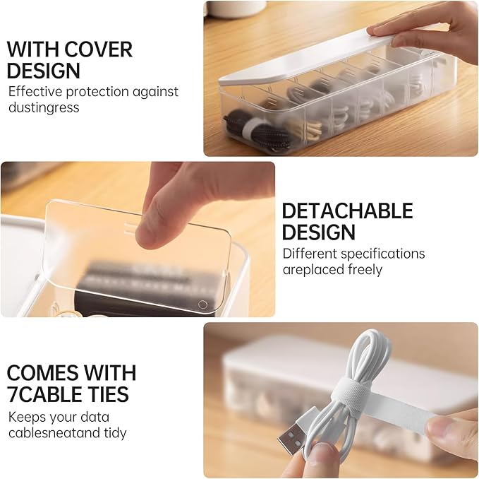 2 Pcs Cable Organizer Storage Box with 14 Wire Ties,Desktop Cable Management Box with Lid,Power Cord Organizer for Office,Home,Desk Accessories Storage Stationery Supplies White