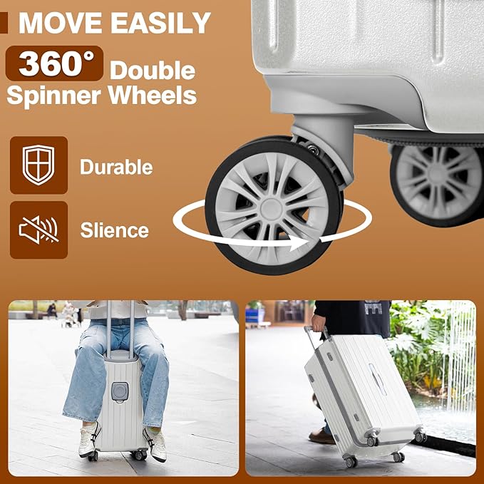 Romswi Suitcase Set with TSA Lock Cup Holder, Hardside Spinner Suitcase with Duffel Bag, Lightweight Durable PC+ABS White 5 PCS(20/24/28inch)