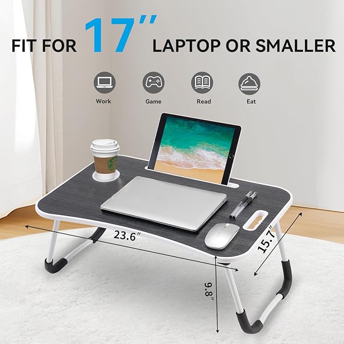 BUYIFY Folding Lap Desk, 23 Inch Portable Wood Deep Black Laptop Bed Desk Lap Desk with Cup Holder, for Working Reading Writing, Eating, Watching Movies for Bed Sofa Couch Floor
