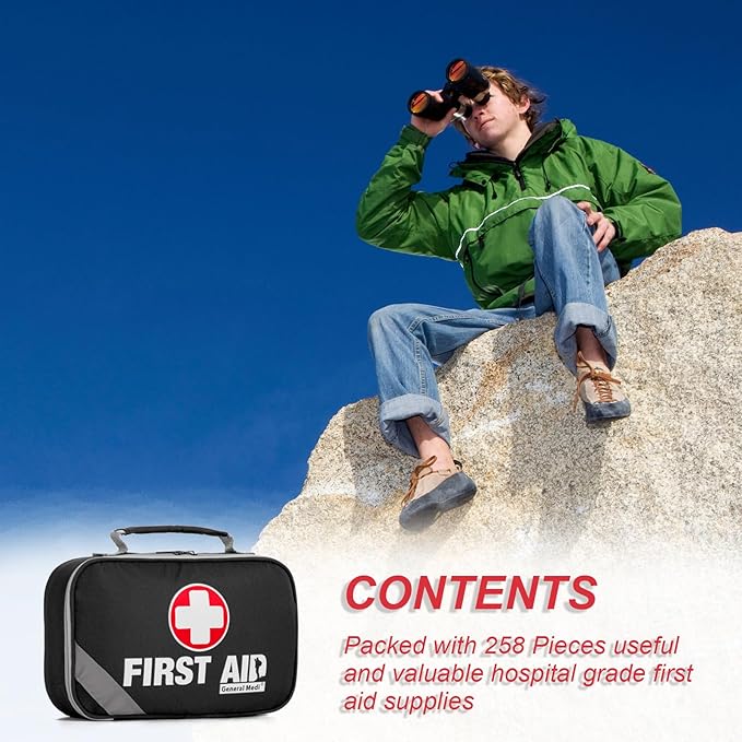 General Medi 2-in-1 First Aid Kit (215 Piece Set) + 43 Piece Mini First Aid Kit -Includes Ice(Cold) Pack, Moleskin Pad and Emergency Blanket for Travel, Home, Office, Car, Workplace(Black)