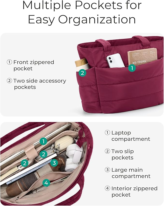 BAGSMART Tote Bag for Women, Lightweight Puffy Tote Bag with Compartments Shoulder Bag Handbag for Travel, Work, Gym,