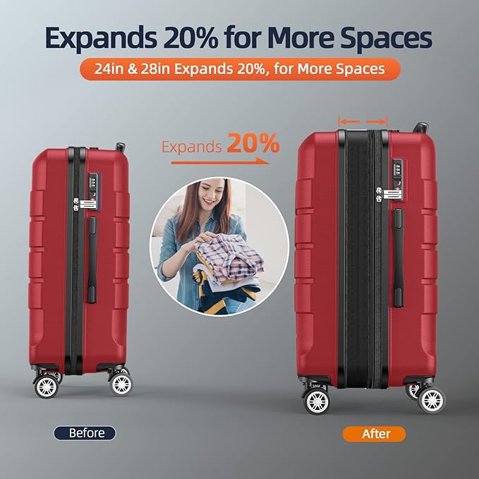 SHOWKOO Luggage Sets Expandable PC+ABS Durable Suitcase Double Wheels TSA Lock Bright Red