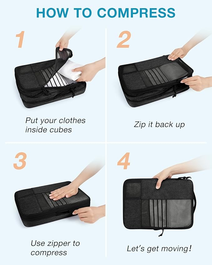 BAGSMART Compression Packing Cubes for Travel, 6 Set Packing Cubes for Carry on Suitcases, Compression Travel Cubes & Suitcase Organizer for Packing with Shoe Bag Grey
