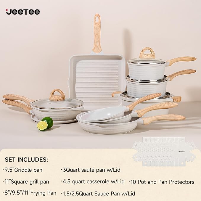 JEETEE 23pcs Pots and Pans Set Non Stick, White Cookware Sets for Kitchen, w/Frying Pans, Saucepans, Sauté & Griddle & Crepe Pan, Induction Cooking Pots (PFOA/PFAS Free)