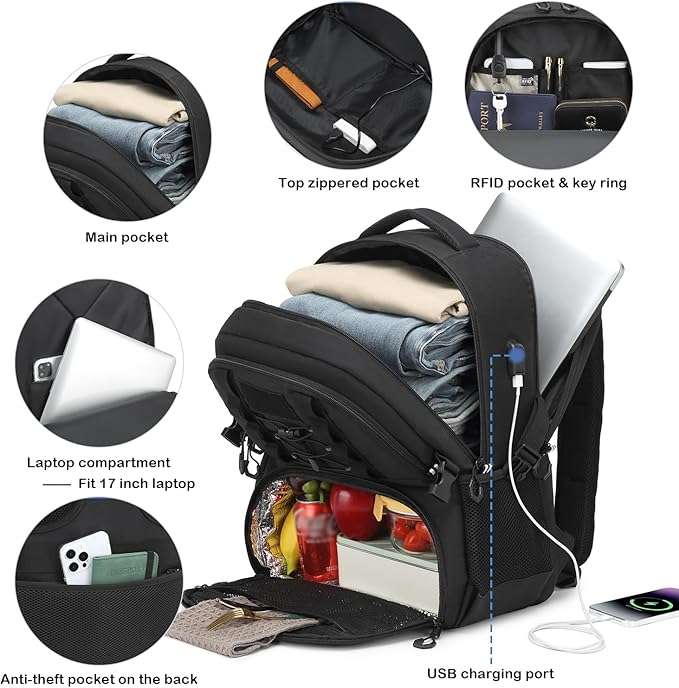 Laptop Lunch Backpack for Men - 40L Large Capacity Work Backpack with Lunch Compartment and USB Post, RFID Insulated Cooler Backpack for Work, Travel, Picnic, Black