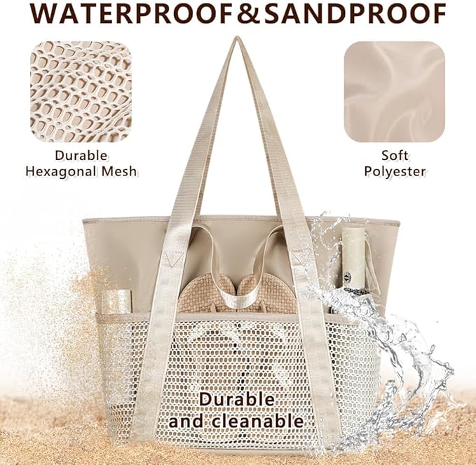 Waterproof Sandproof Beach Bag with Zipper and 6 Pockets - Foldable Lightweight Tote for Pool, Travel