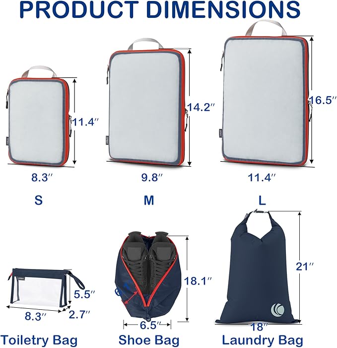 Cipway Compression Packing Cubes Mesh, Lightweight Luggage Organizer Bags with Laundry Bag,Toiletries Bag and Shoe Bag, Travel Essentials for Carry on Suitcase（8Pcs,Blue）