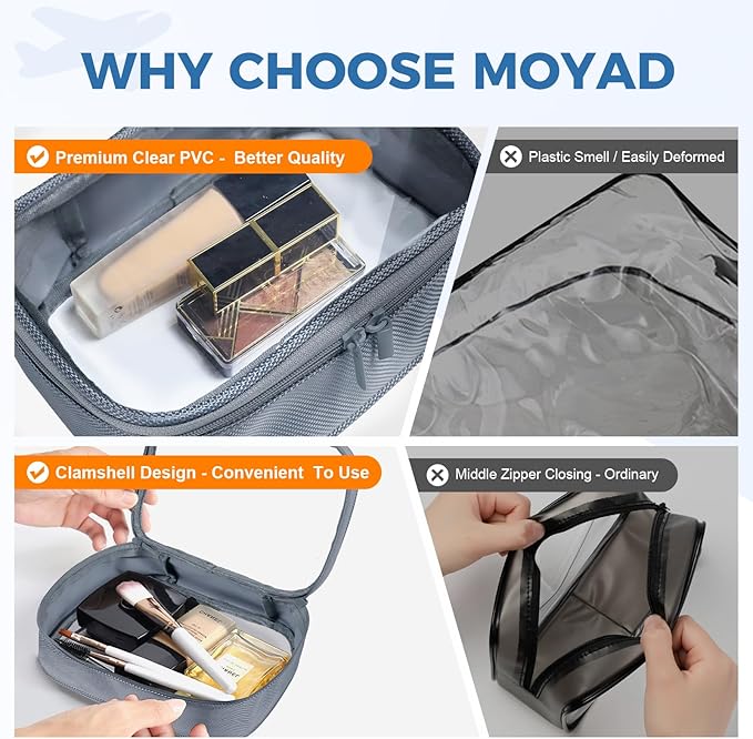 Moyad TSA Approved Clear Toiletry Bag, 1 Pack Quart Size 3-1-1 Liquids Pouch for Travel, Transparent Makeup & Cosmetic Organizer for Women Men, Grey