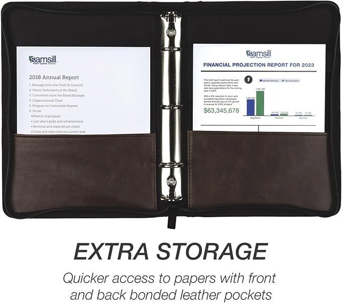 Samsill Vintage Leather Mini 3 Ring Zipper Binder, 1 Inch Round Ring Capacity (Holds 200 Sheets), 5.5 x 8.5 Inch Documents, Notebook Organizer, Planner, Brown