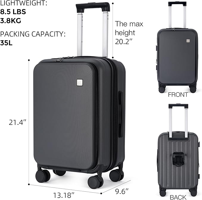 BISON DENIM 20 Inch Carry On Luggage, PC Lightweight Hardside Expandable Carry-On Luggage Airline Approved With Spinner Wheels, Front Compartment, Cup Holde, TSA-approved Lock, USB Port, Dark Grey