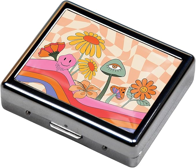 Silver Vintage Pill Box 7 Day Metal Pill Box with Mirror and 8 Compartments Cute Travel Pill Organizer for Purse (Rainbow Flowers)