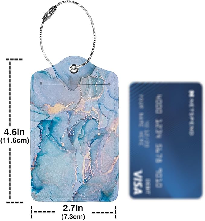 Blue Gold Marble 2 Pack Luggage Tag for Suitcase, Cute Unique Leather Bag Tags Identifiers Privacy Cover ID Label with Steel Loop for Women Men Kids Girls Travel
