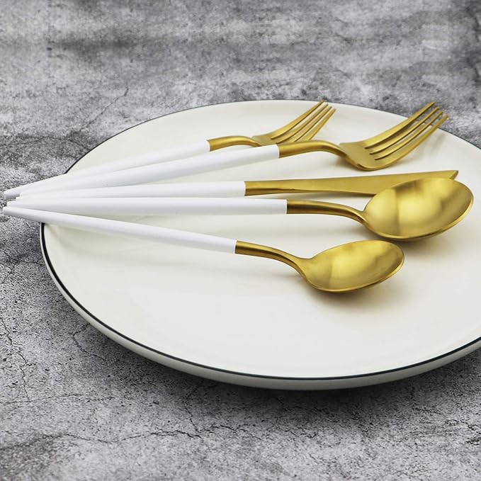 Gugrida 20-Piece 18/10 Stainless Steel Flatware Silverware, Luxury Dinnerware Set Travel Cutlery Tableware Include Knife Fork Spoon Service for 4, Dishwasher Safe (White Handle Matte Gold)