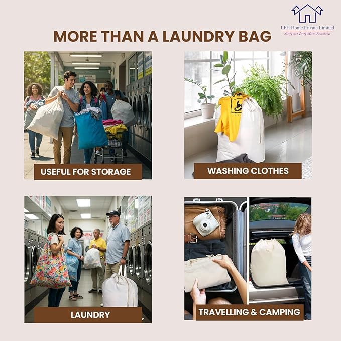 LFH Home Cotton Canvas Large Laundry Bag with Handle, Heavy Duty Drawstring Closure Washable Laundry Bags, School Travel, Home, Hotel, College Dorm, Organizer Sack, Toy Clothes 20x30 (Pack of 6)-White