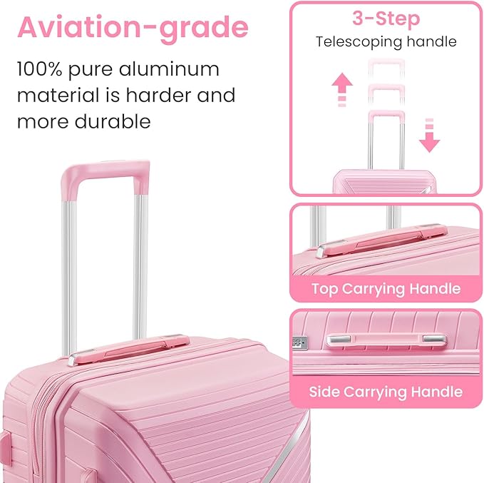 Campfun Luggage 4 Piece Sets, Expandable Carry On Luggage Set Hardshell PP, Suitcase Set with Double Spinner Wheels, Checked Durable Lightweight with TSA Lock, 14in 20in 24in 28in-Pink(B)