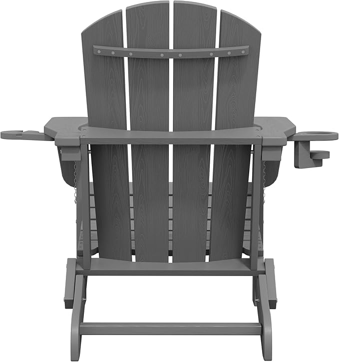 SERWALL Folding Adirondack Chair, Dual Cup Holders & All-Weather HDPE, Wood-Like Patio Chair for Backyard, Camping，Pool & Fire Pit- Grey
